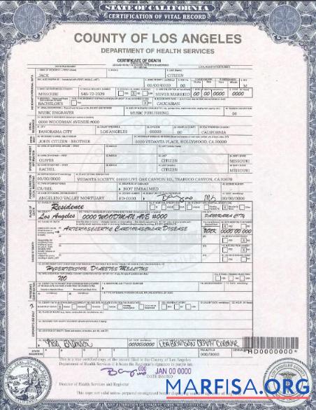 Downloadable USA county of Los Angeles death certificate template in PSD format